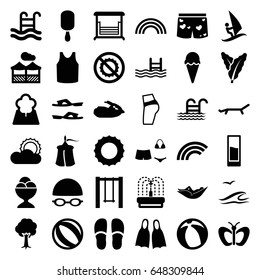 Summer icons set. set of 36 summer filled icons such as spinach, butterfly, woman in hammock, slippers, singlet, ice cream on stick, ice cream ball, tree, swing, fountain