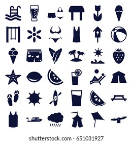 Summer icons set. set of 36 summer filled icons such as sun, spinach, tent, beach ball, table, swing, kite, bikini, flip flops, boat, singlet, nesting house, lemon