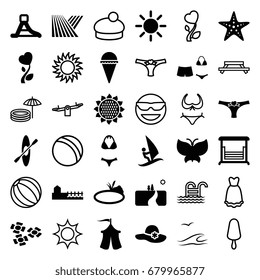 Summer icons set. set of 36 summer filled and outline icons such as field, sunflower, woman hat, ice cream, swing, heart flower, panties with heart, swimsuit, waterslide, tent