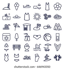 Summer icons set. set of 36 summer outline icons such as beetle, spinach, beach ball, kite, flower, boat, singlet, woman hat, ice cream on stick, ice cream ball