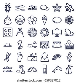Summer icons set. set of 36 summer outline icons such as butterfly, beetle, berry, sunflower, from toy for beach, slippers, ice cream, sun, flower, bee, hat, lemon