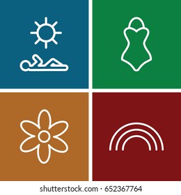 Summer icons set. set of 4 summer outline icons such as flower, rainbow, man laying in sun
