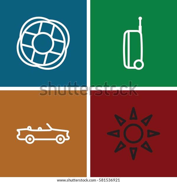 Summer icons set. Set of 4 Summer outline icons\
such as sunbed, suitcase,\
lifebuoy