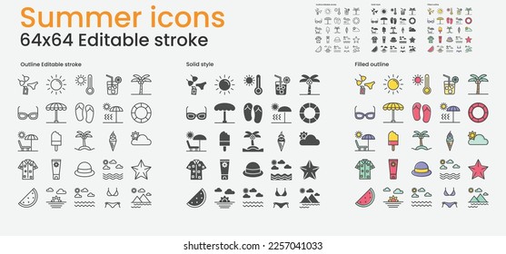 Summer icons set. 64x64 editable stroke