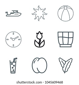 Summer icons. set of 9 editable outline summer icons such as peach, spinach, boat, soda, drink, sun, flower, plastic ball