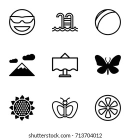Summer icons set. set of 9 summer filled and outline icons such as sunflower, butterfly, lemon, restaurant table, swimming pool, emot in sun glasses, mountain