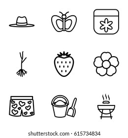 Summer icons set. set of 9 summer outline icons such as butterfly, flower, hat, sprout, underwear with heart, strawberry, bucket and shovel