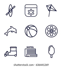 Summer icons set. set of 9 summer outline icons such as beach ball, kite, flower, fast food cart, lemon, ice cream, sun, dolphin