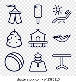 Summer icons set. set of 9 summer outline icons such as berry, ball, woman in hammock, sunbed, table, tent, tree