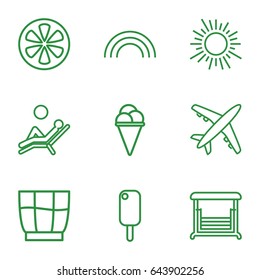 Summer icons set. set of 9 summer outline icons such as ice cream, swing, lemon, drink, rainbow, man laying in the sun, plane
