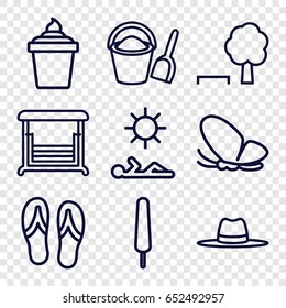 Summer icons set. set of 9 summer outline icons such as butterfly, ice cream on stick, ice cream in can, swing, hat, man laying in sun, flip flops, bucket and shovel