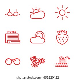 Summer icons set. set of 9 summer outline icons such as bra, strawberry, sun, sunglasses, sun cloud, pool ladder