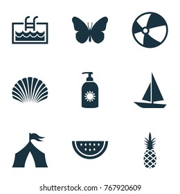 Summer icons set with ananas, camp, conch and other ship elements. Isolated vector illustration summer icons.