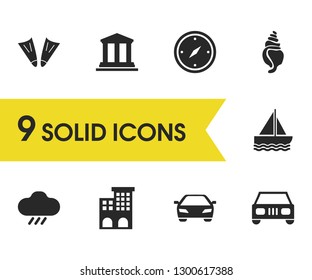 Summer icons set with automobile, cloud and building elements. Set of summer icons and sailboat concept. Editable vector elements for logo app UI design.