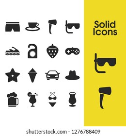 Summer icons set with axe, tea and wineglass elements. Set of summer icons and swimming trunks concept. Editable vector elements for logo app UI design.
