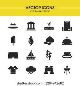 Summer icons set with backpack, tea and yacht elements. Set of summer icons and hippocampus concept. Editable vector elements for logo app UI design.