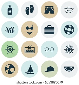 Summer icons set with ball, baseball cap, sunscreen and other beach sandals  elements. Isolated vector illustration summer icons.