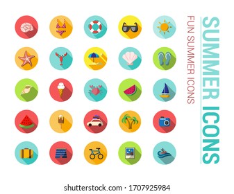 Summer icons set. Basic icons of the summer season. Vector editable.