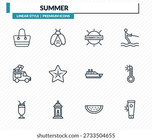 Sommer-Ikonen-Set - Strandtasche, Glühwürmchen, Sommerverkauf, Sommertemperatur, Sonnenschutzkontur Vektorsammlung.