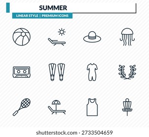 conjunto de ícones de verão - bola de praia, espreguiçadeiras e sol, pamela, grinalda, coleção de vetor contorno de golfe de disco.