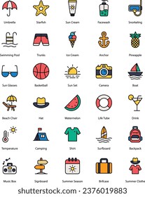 summer icons set, beach, summer sun, summer sports, holidays, etc