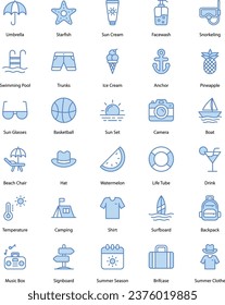 summer icons set, beach, summer sun, summer sports, holidays, etc