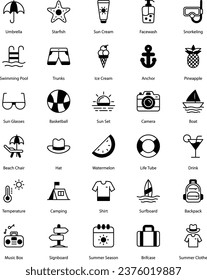 summer icons set, beach, summer sun, summer sports, holidays, etc