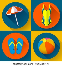 Summer icons set - beach umbrella, swimsuit, Vietnamese slippers, beach ball - what to take to the beach