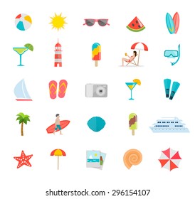 Summer icons set with beach umbrella, surfs, surfer, flippers, flip flops, diving mask, sunglasses, seashells, tanning girl in deck chair, beach ball, boats, starfish etc.