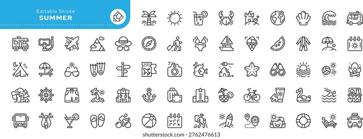 Summer Icons Set – Beach, Vacation, Travel, Holiday  Outdoor Activities Line Icons Collection