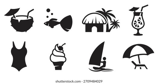 summer icons set black on a white background