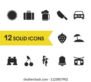 Summer icons set with booth for descent, strawberry and sun elements. Set of summer icons and funicular concept. Editable vector elements for logo app UI design.