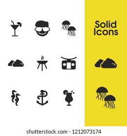 Summer icons set with booth for descent, lemonade and anchor elements. Set of summer icons and hippocampus concept. Editable vector elements for logo app UI design.