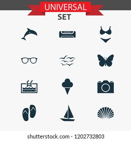 Summer icons set with butterfly, ice cream, camera and other video elements. Isolated vector illustration summer icons.
