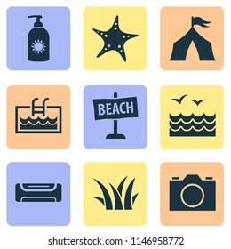 Summer icons set with camera, air conditioning, beach sign and other sea star elements. Isolated vector illustration summer icons.