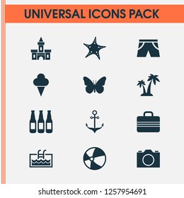 Summer icons set with camera, shorts, suitcase and other ale elements. Isolated vector illustration summer icons.