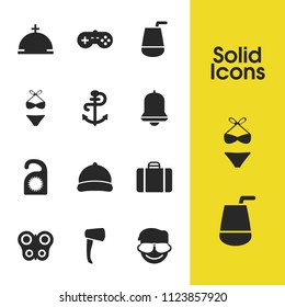 Summer icons set with cap, swimsuit and bell elements. Set of summer icons and cocktail concept. Editable vector elements for logo app UI design.