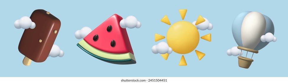 Summer icons set with clouds 3d render- hot air balloon, sun, watermelon, ice cream. Vacation, food and travel three dimensional elements vector illustration collection.