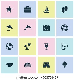Summer Icons Set. Collection Of Baggage, Lifesaver, Parasol And Other Elements. Also Includes Symbols Such As Swimming, Sorbet, Ice.