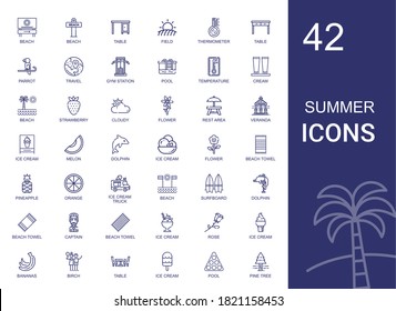 summer icons set. Collection of summer with beach, table, field, thermometer, parrot, travel, gym station, pool, temperature, cream, strawberry. Editable and scalable summer icons.