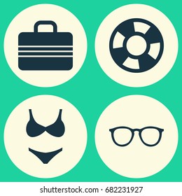 Summer Icons Set. Collection Of Bikini, Baggage, Spectacles And Other Elements. Also Includes Symbols Such As Lifesaver, Sunshades, Lifebuoy.