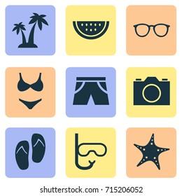 Summer Icons Set. Collection Of Bikini, Trees, Video And Other Elements. Also Includes Symbols Such As Starfish, Underwear, Sunglasses.