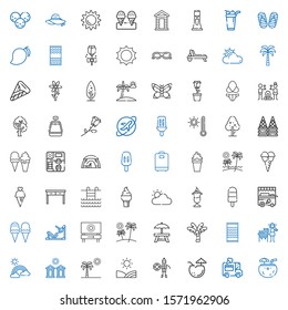 summer icons set. Collection of summer with coconut, ice cream car, lifeguard, field, palm tree, cabins, rainbow, lemonade, beach towel, rest area. Editable and scalable summer icons.
