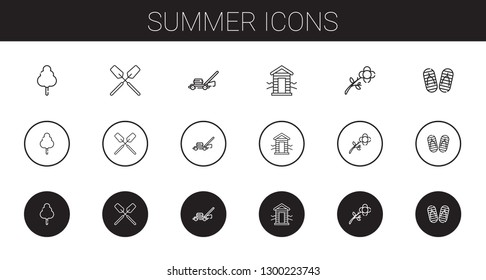 summer icons set. Collection of summer with cotton candy, oar, lawnmower, cabin, flower, flip flop. Editable and scalable summer icons.