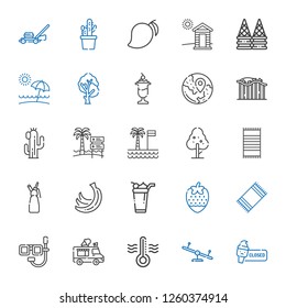 summer icons set. Collection of summer with ice cream, swing, thermometer, ice cream truck, dive, beach towel, strawberry, bananas, whipped cream. Editable and scalable summer icons.