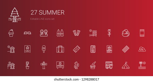 summer icons set. Collection of summer with ice cream cart, ice cream, cactus, beach, flower, cabin, butterfly, temperature, beach towel, luggage. Editable and scalable summer icons.