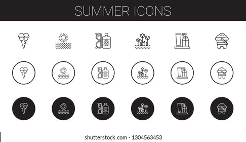 summer icons set. Collection of summer with ice cream, sun, sun lotion, tulips, cream, sand. Editable and scalable summer icons.