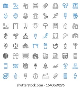 summer icons set. Collection of summer with ice cream, beach towel, wave, watermelon, surfboard, travel, sun, tree, lawnmower, pine tree, butterfly. Editable and scalable summer icons.