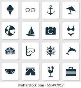 Summer Icons Set. Collection Of Lemonade, Sunny, Bikini And Other Elements. Also Includes Symbols Such As Beach, Cream, Mask.