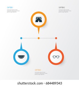 Summer Icons Set. Collection Of Melon, Spectacles, Smelting And Other Elements. Also Includes Symbols Such As Melon, Smelting, Shorts.
